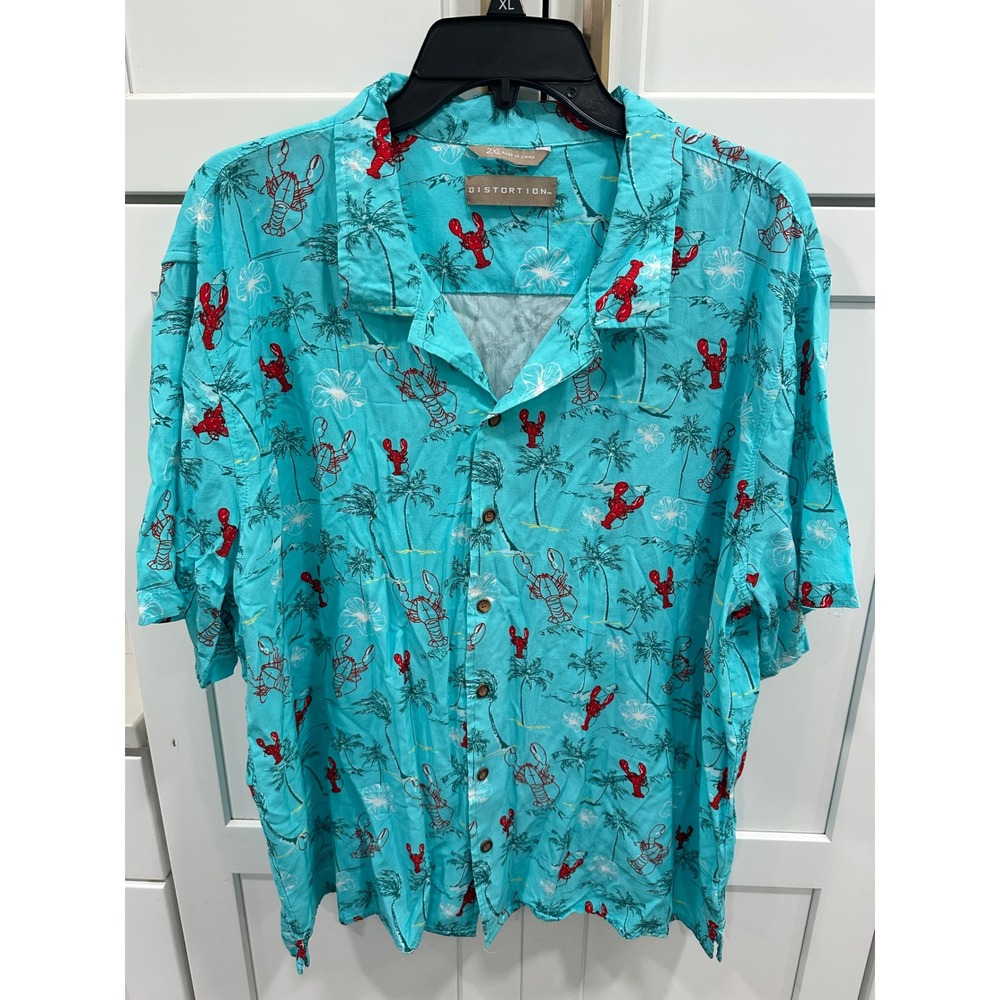 Distortion‎ Mens 2XL Turquoise Lobster Palm Tree Rayon Button Down Shirt